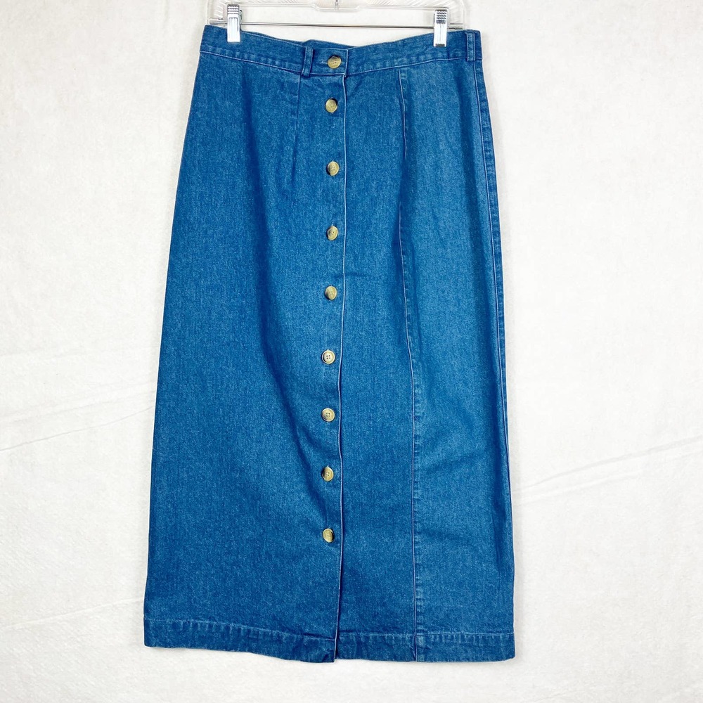 Vintage Charter Club Womens Midi Skirt Denim Blue Button Cotton Size 12 Modest
